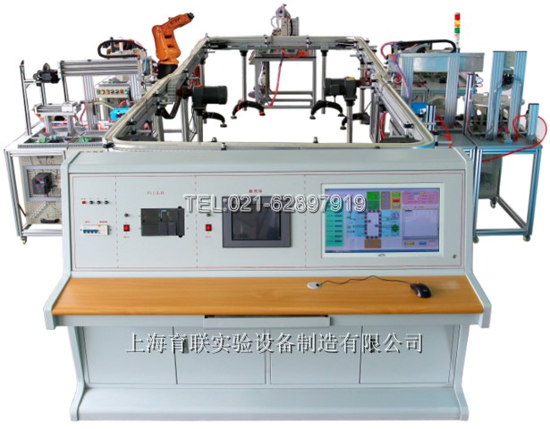 機電一體化柔性生產(chǎn)線綜合實訓(xùn)系統(tǒng)，五個分系統(tǒng)構(gòu)成即：數(shù)字化設(shè)計分系統(tǒng)、模擬加工制造分系統(tǒng)、檢測裝配分系統(tǒng)、生產(chǎn)物分流系統(tǒng)和信息管理分系統(tǒng)。它應(yīng)包含供料單元，操作手單元，搬運單元，加工單元，搬運單元，圖像檢測單元，機器人單元，安裝單元，提取單元，分類存儲單元，環(huán)形輸送單元，總控平臺等多個單元模塊